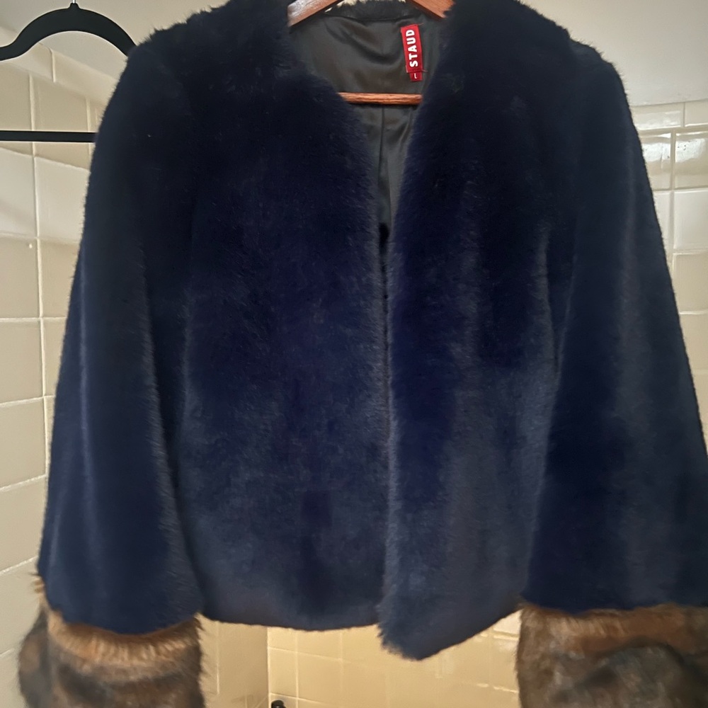 STAUD Navy Teddy Jacket with Brown Trim